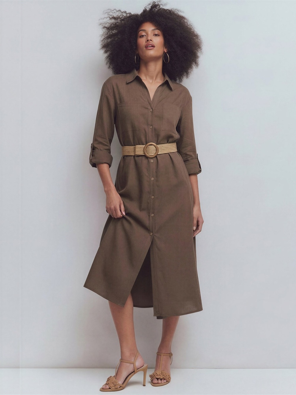 NWOT Love Tree Linen Blend Utility Shirt Dress Brown Midi Sz Medium Missing Belt